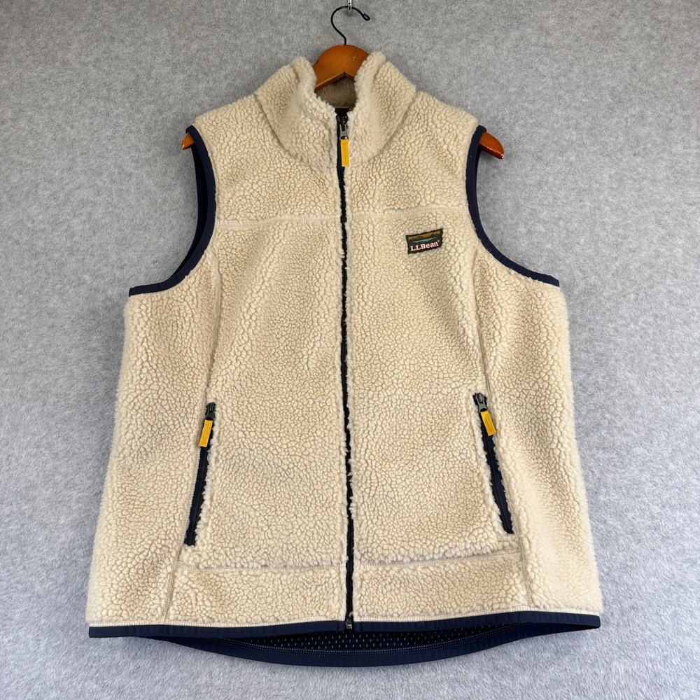 LL Bean Mountain Pile Fleece Vest Women's XL Beige Blue Full Zip Sherpa 502430
